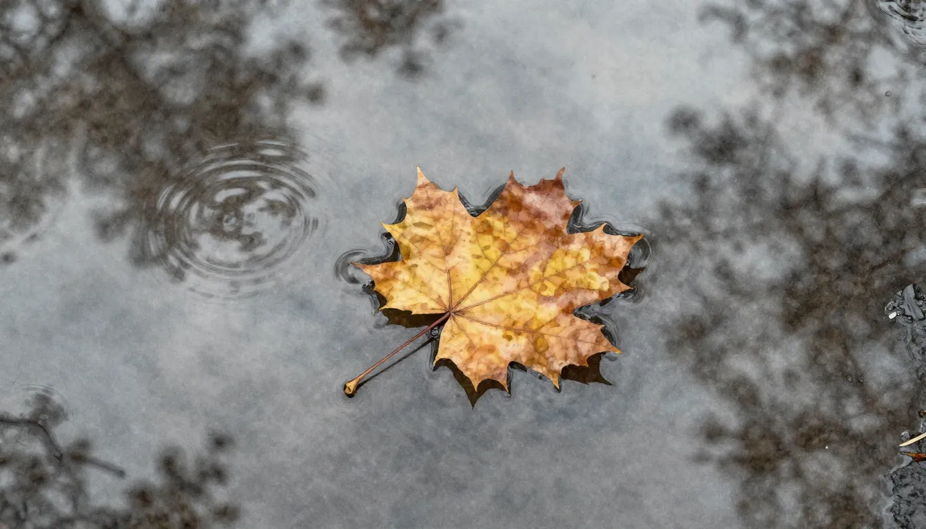 Watercolor style. A lonely autumn leaf floating on a puddle ...