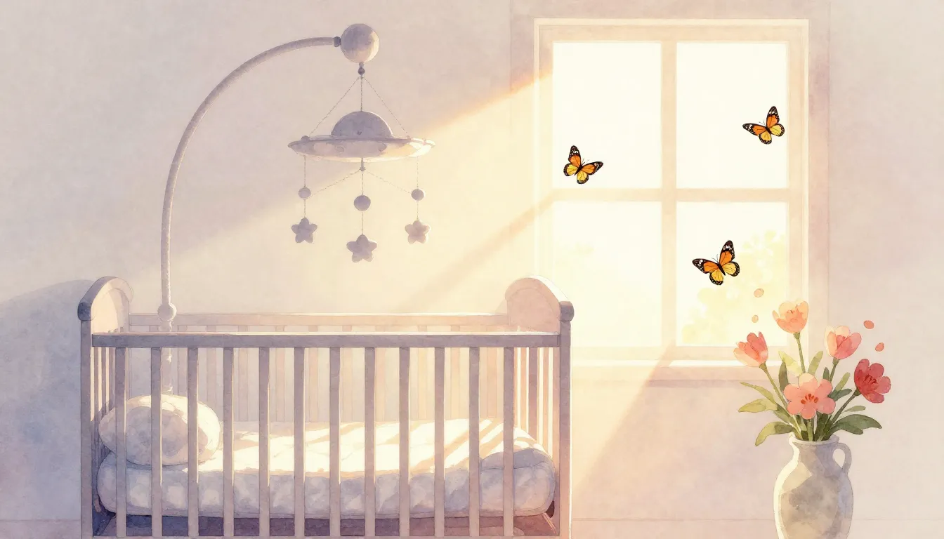 Watercolor style. Soft pastel nursery room, silhouette of a ...