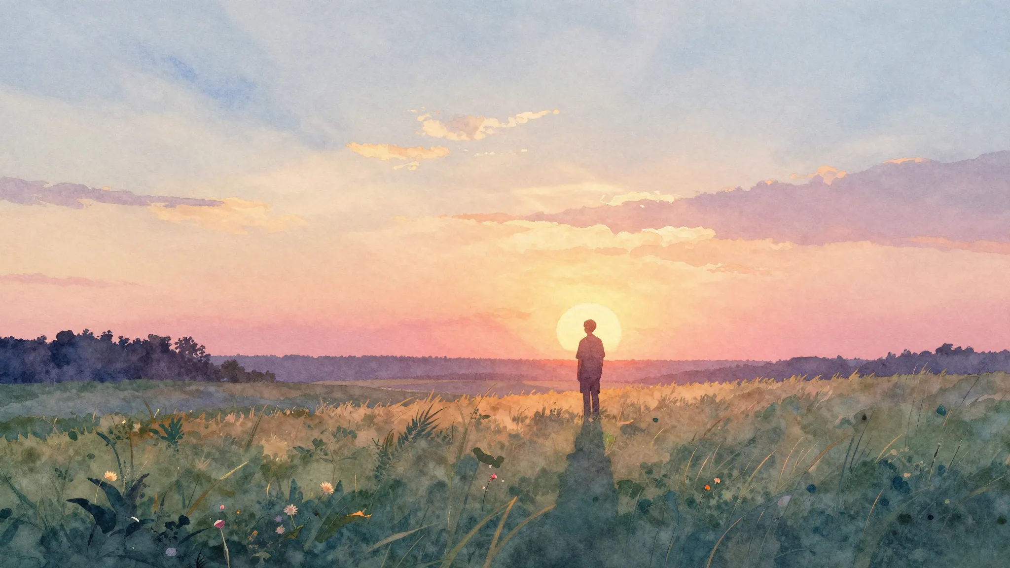 Vibrant watercolor style. Ballad album cover: sunrise over a...