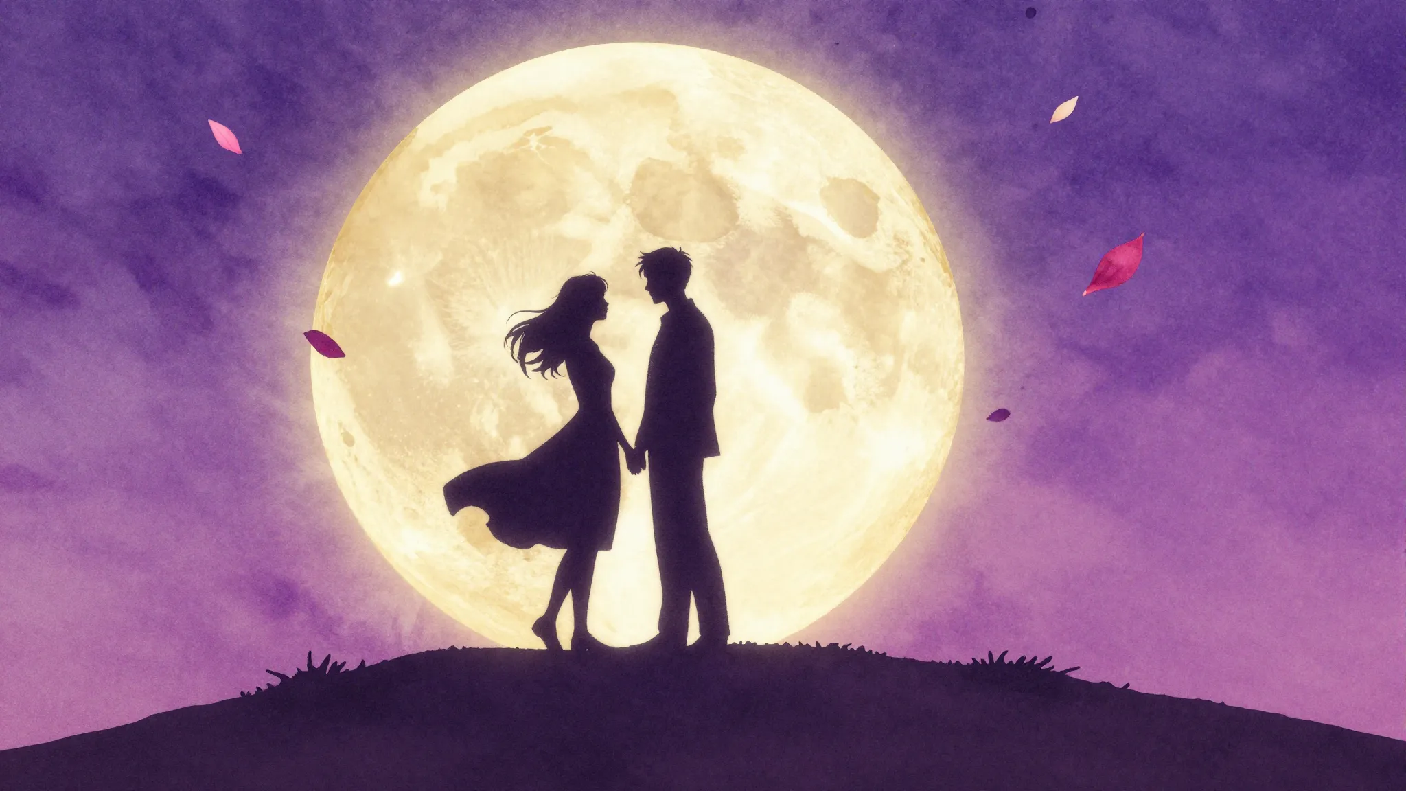Watercolor style. Silhouette of two lovers standing on a hil...