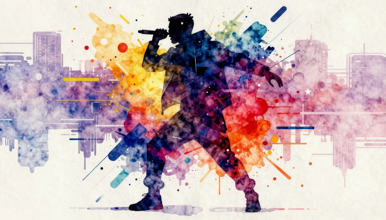 Vibrant watercolor style. "Rap album cover: A stylized, slig...