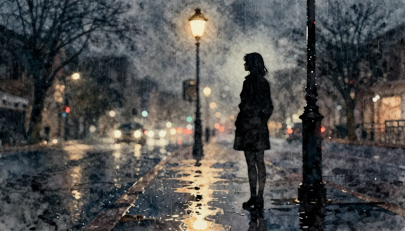 Watercolor style. A silhouette of a woman standing alone und...