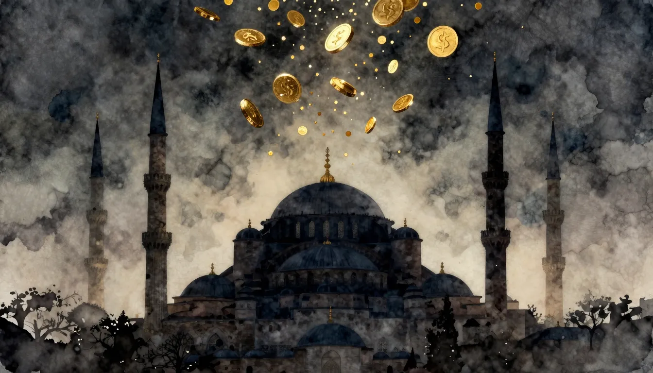Watercolor style. Silhouette of a grand ancient city with ta...