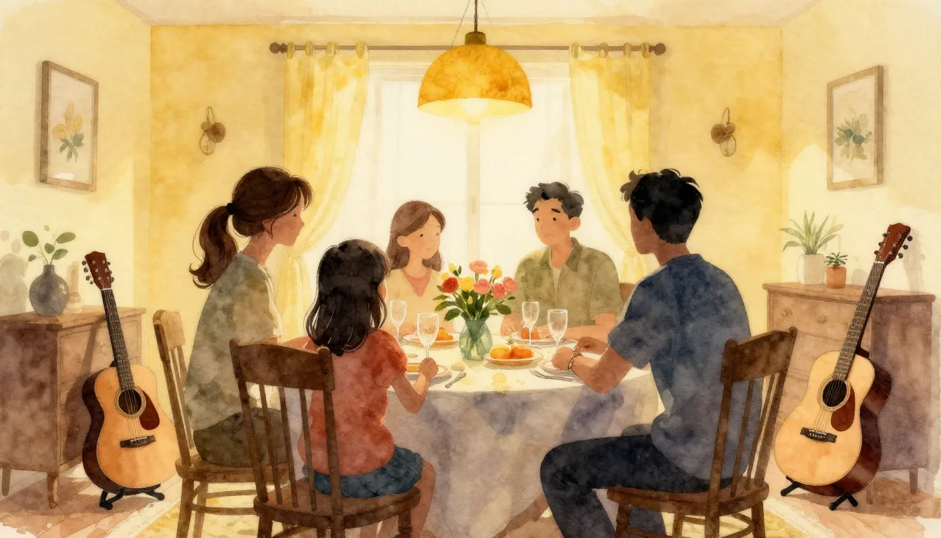 Watercolor style. A cozy room with a table set for a celebra...