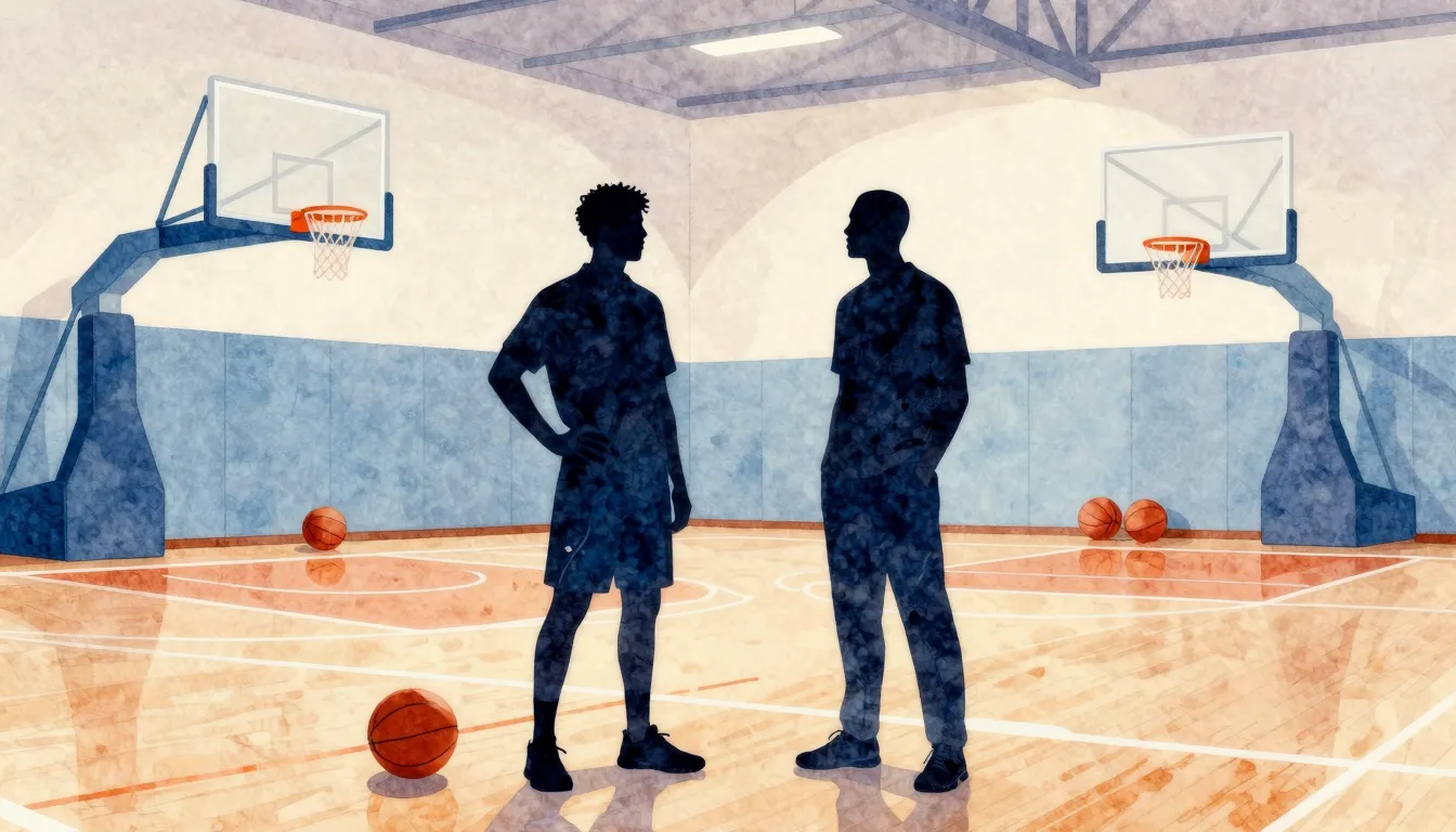Watercolor style. Two silhouettes of athletic coaches standi...