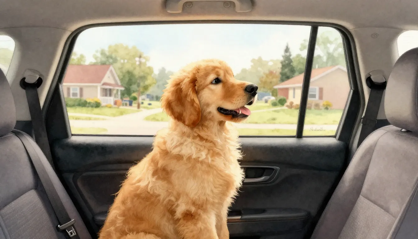Watercolor style. A fluffy golden puppy sitting happily in t...