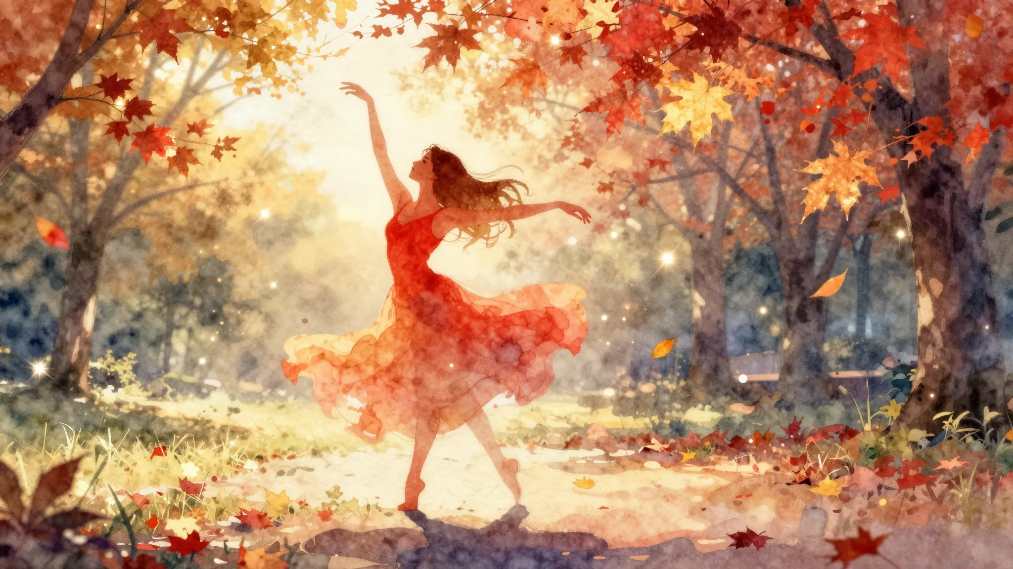 Watercolor style. A vibrant silhouette of a woman dancing gr...