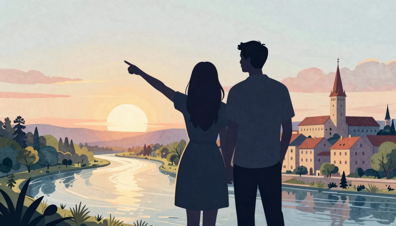Watercolor style. Silhouette of a couple standing back to ba...