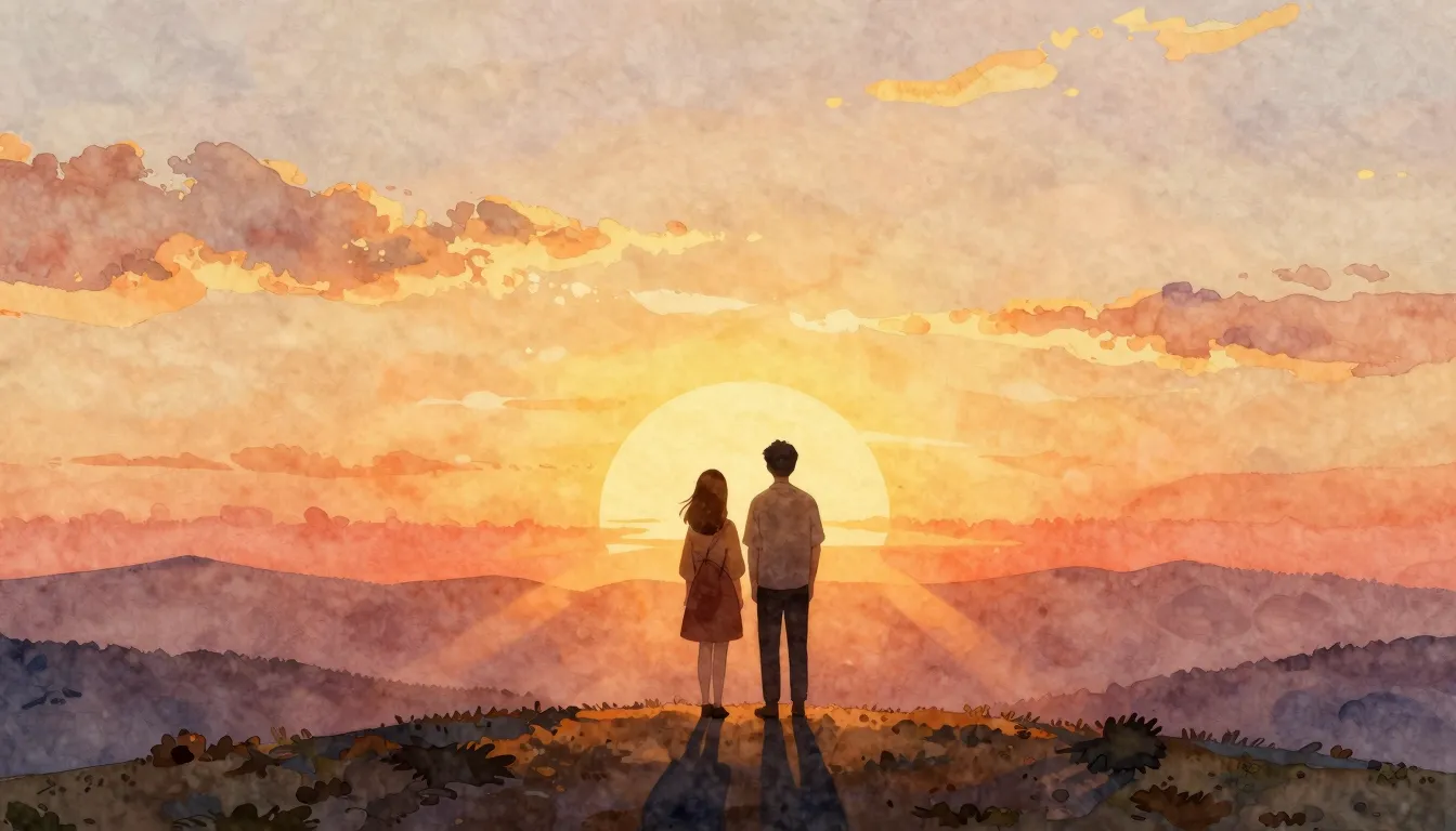 Watercolor style. A silhouette of a couple standing on a hil...