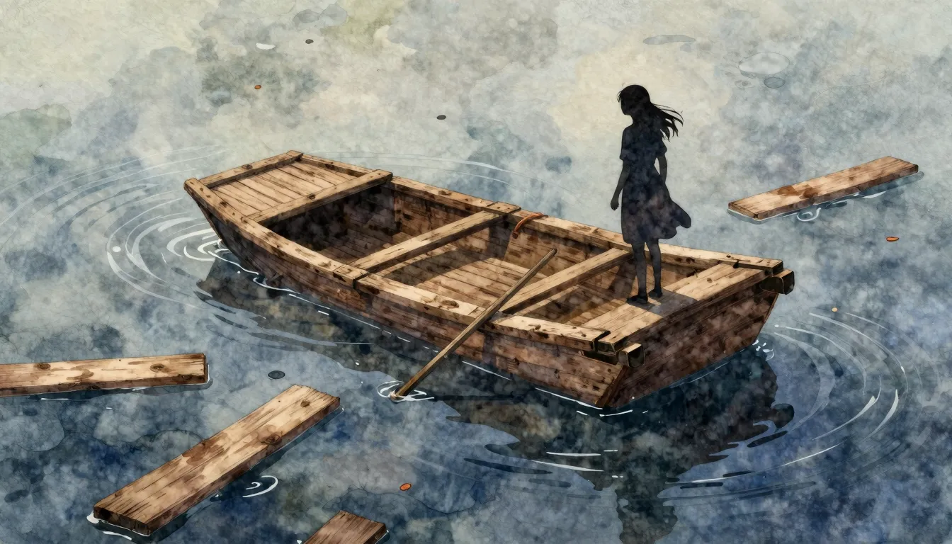 Watercolor style. Silhouette of a girl on a collapsing woode...