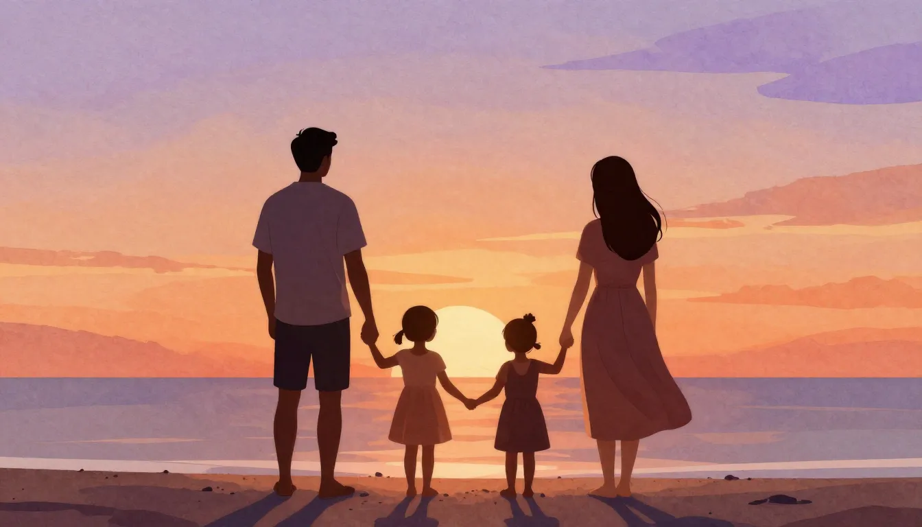 Watercolor style. Silhouettes of a man, a woman, and two lit...