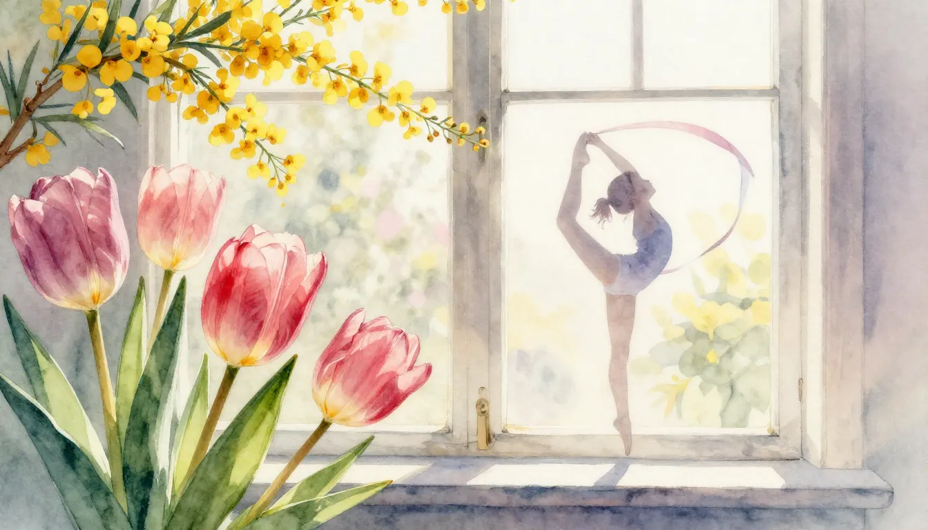 Watercolor style. Bright spring flowers, tulips and mimosas,...