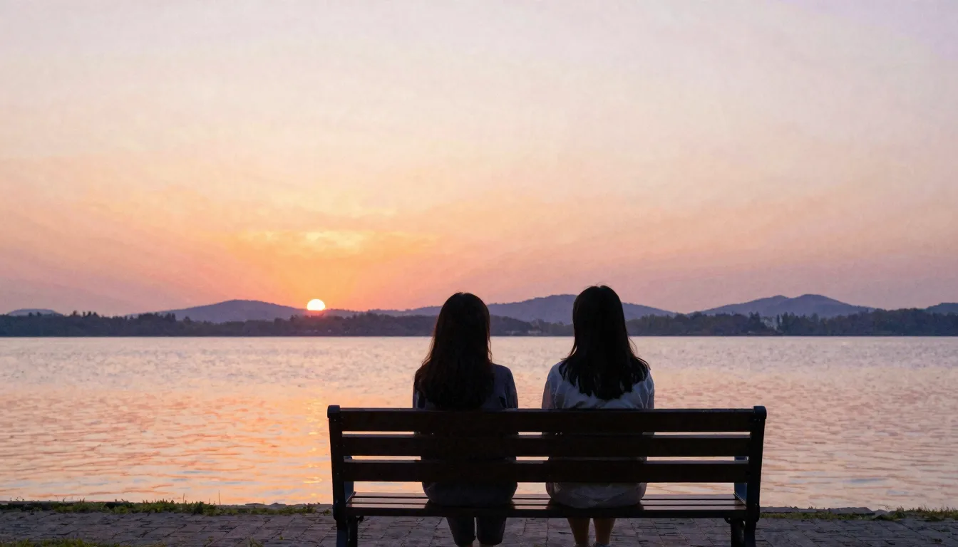 Watercolor style. Two female silhouettes sitting on a bench,...