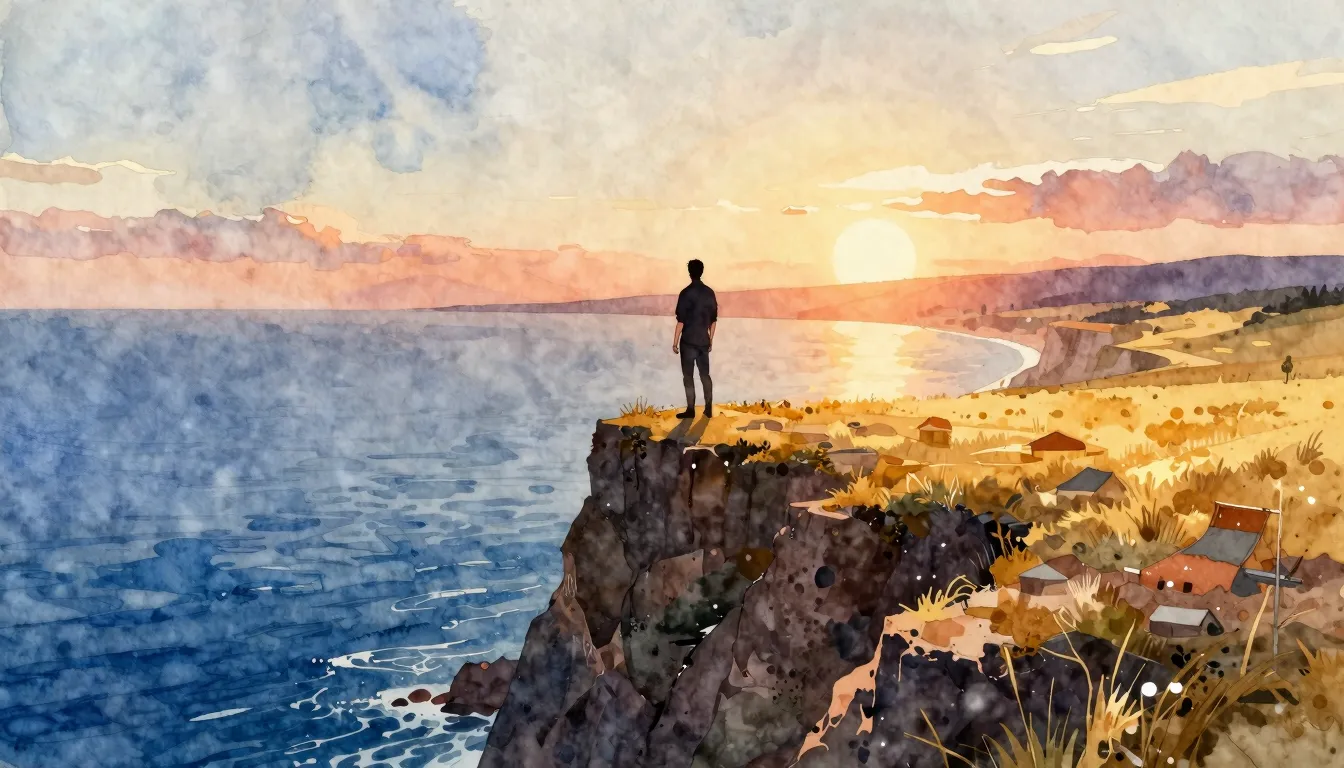 Watercolor style. A silhouette of a man standing on a high c...