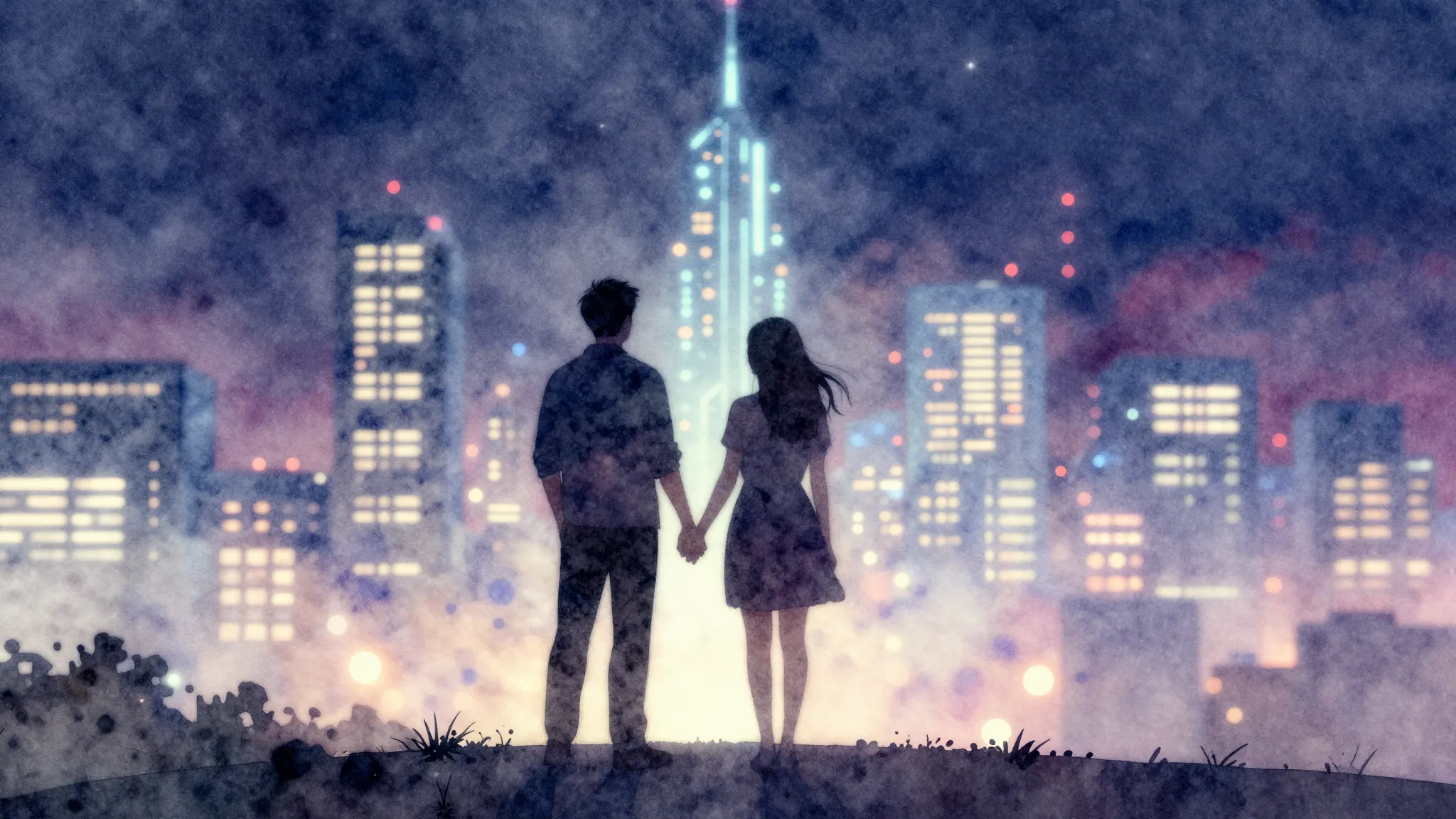 Watercolor style. A silhouette of two people holding hands, ...