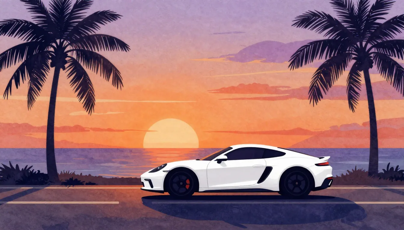 Watercolor style. Silhouette of a sleek white car driving on...
