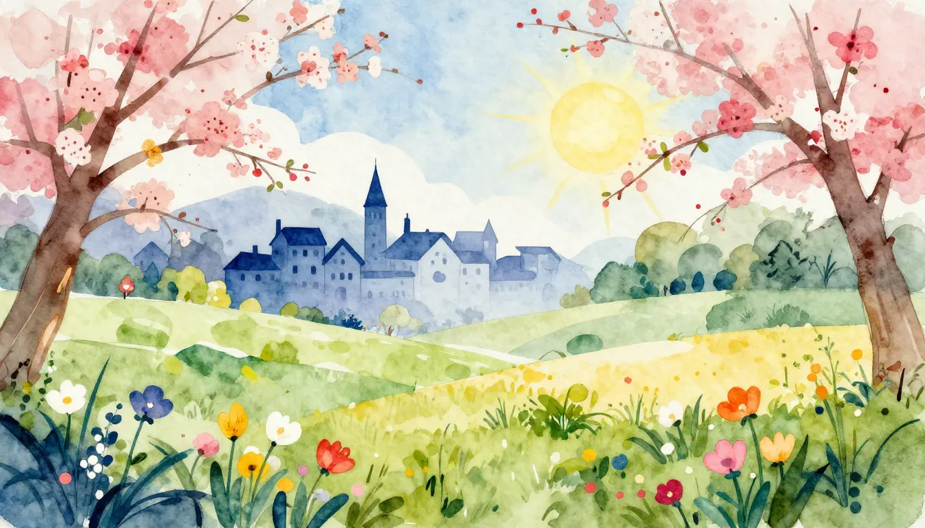 Watercolor style. Abstract spring landscape with blooming fl...