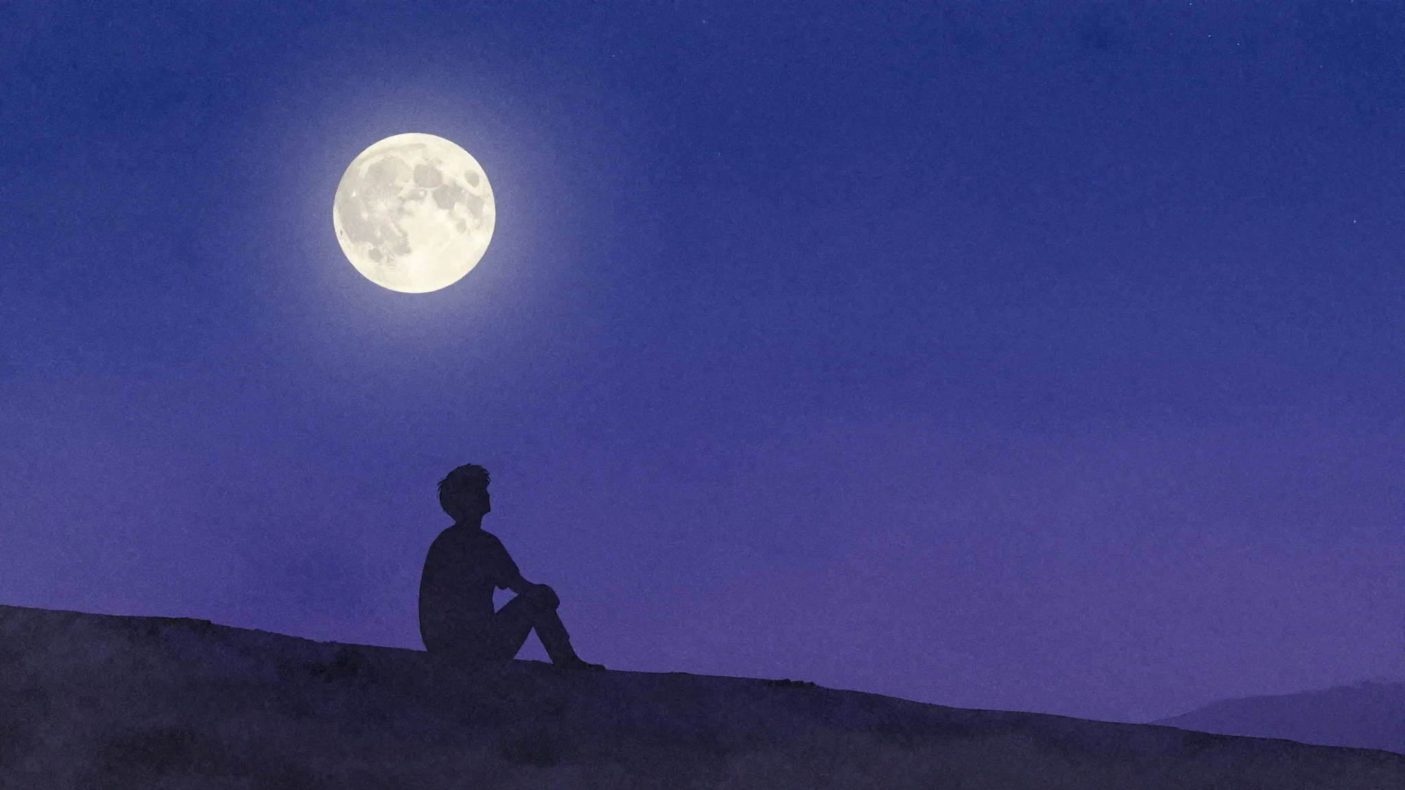 Watercolor style. A dark silhouette of a person sitting on a...