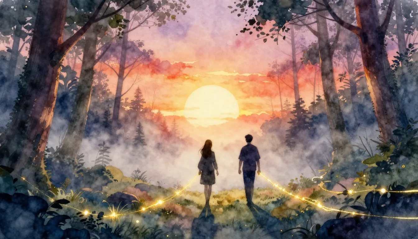 Watercolor style. Two silhouettes walking towards a bright s...