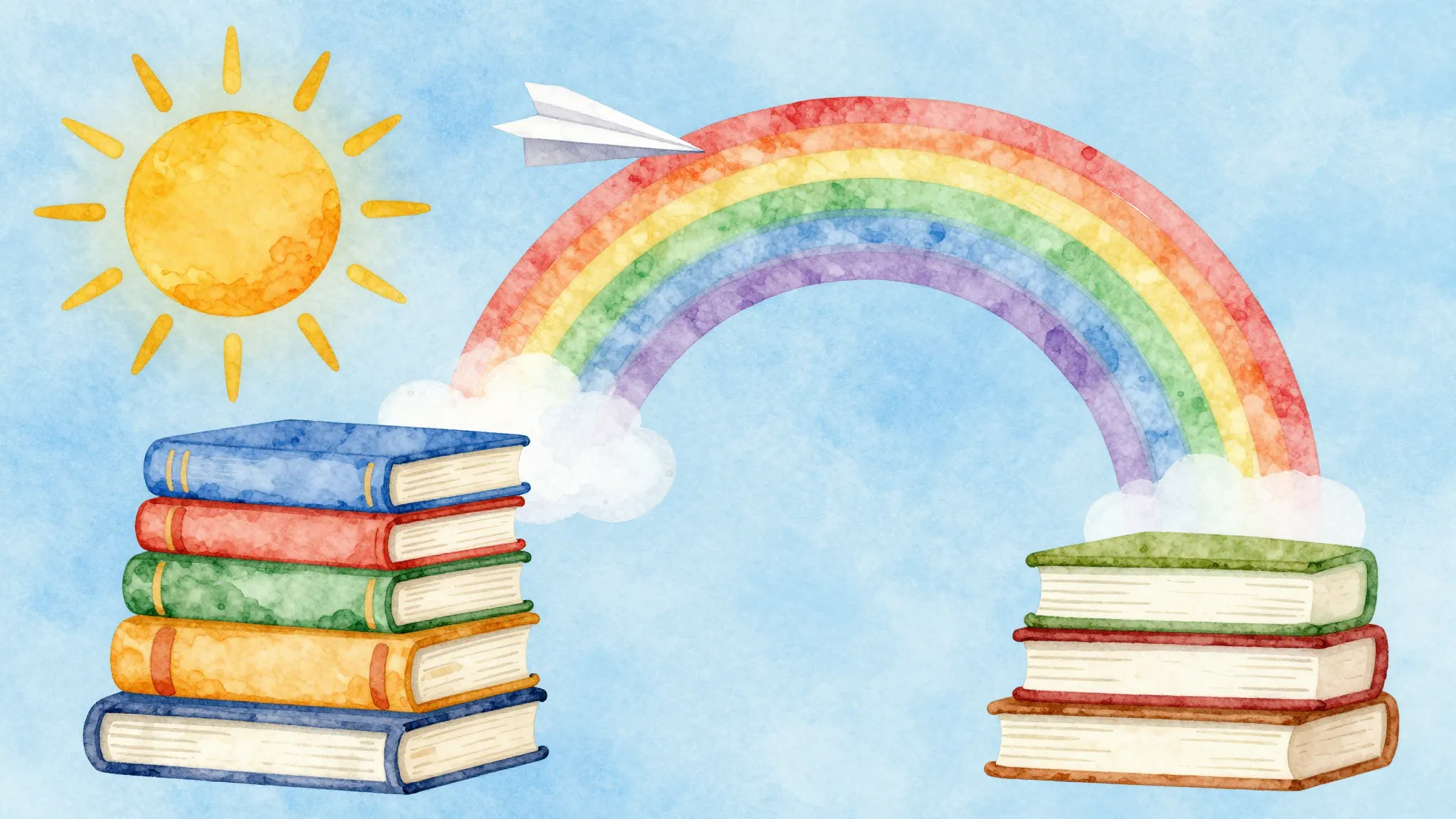 Watercolor style. A colorful illustration of a bright sun, a...