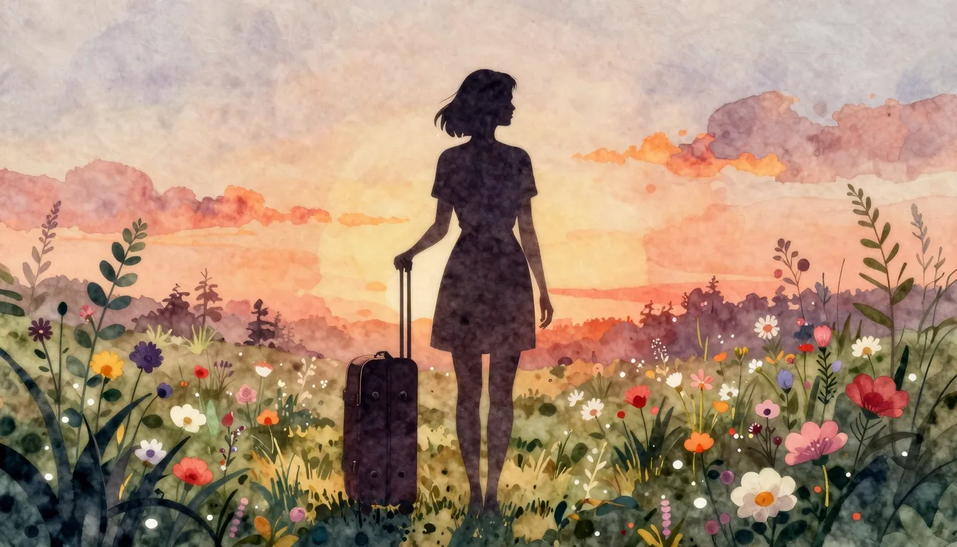 Watercolor style. A silhouette of a woman standing in a bloo...