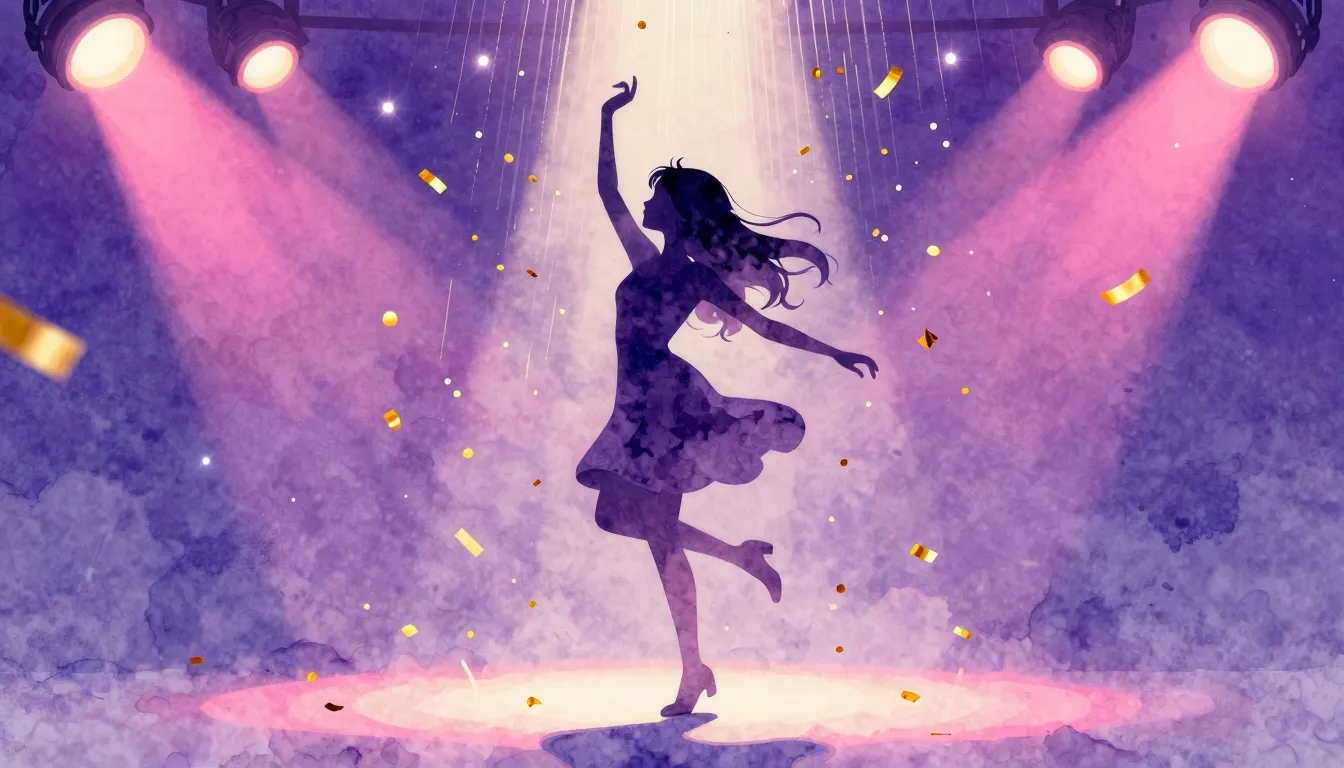 Watercolor style. A silhouette of a girl dancing under a sho...