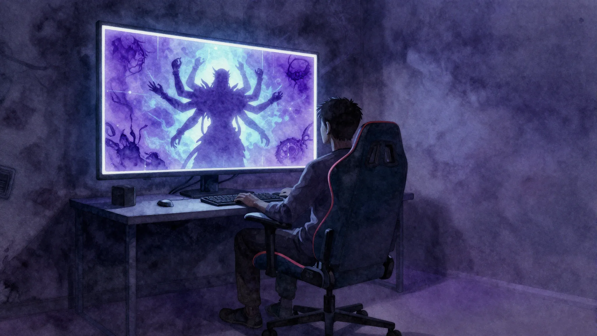 Watercolor style. A dark room with a glowing neon screen, a ...