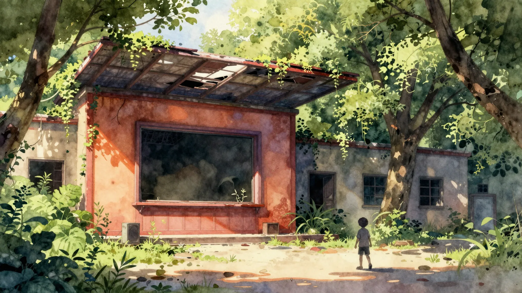 Vibrant watercolor style. Abandoned vintage cinema, overgrow...