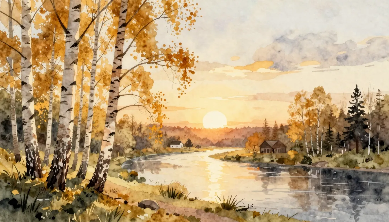 Watercolor style. Wide landscape with birch trees and a rive...
