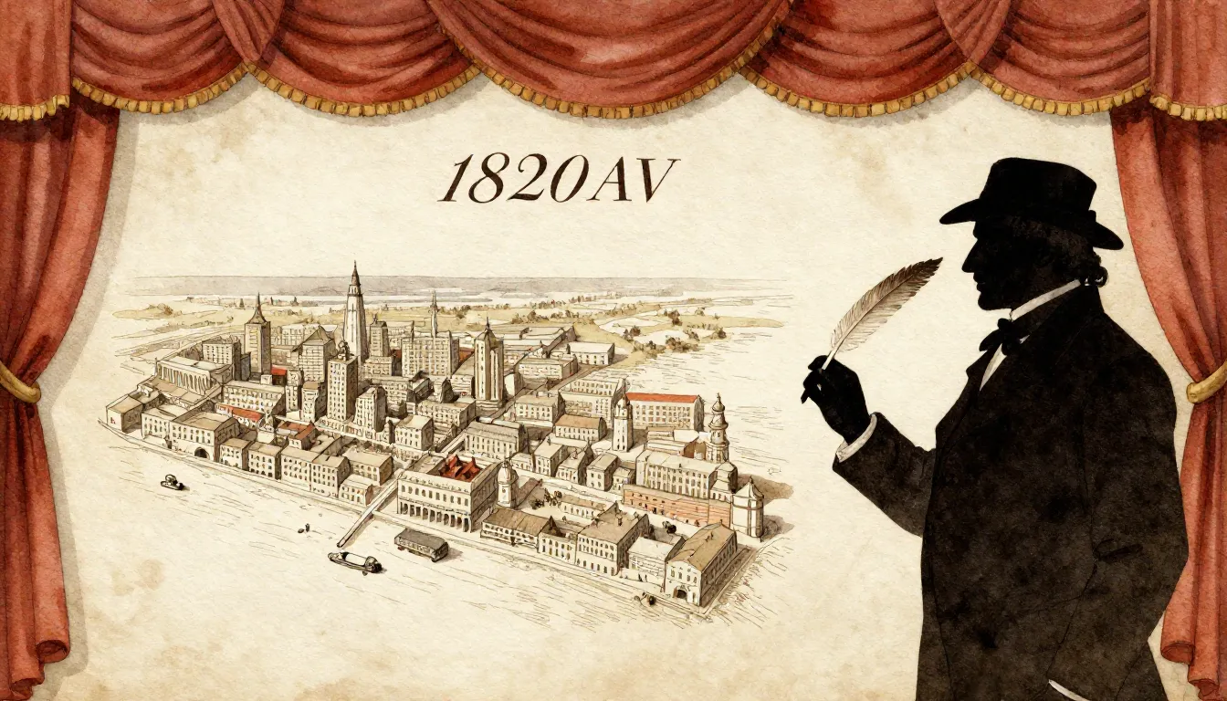 Watercolor style. A stylized 19th-century city plan of Sarat...