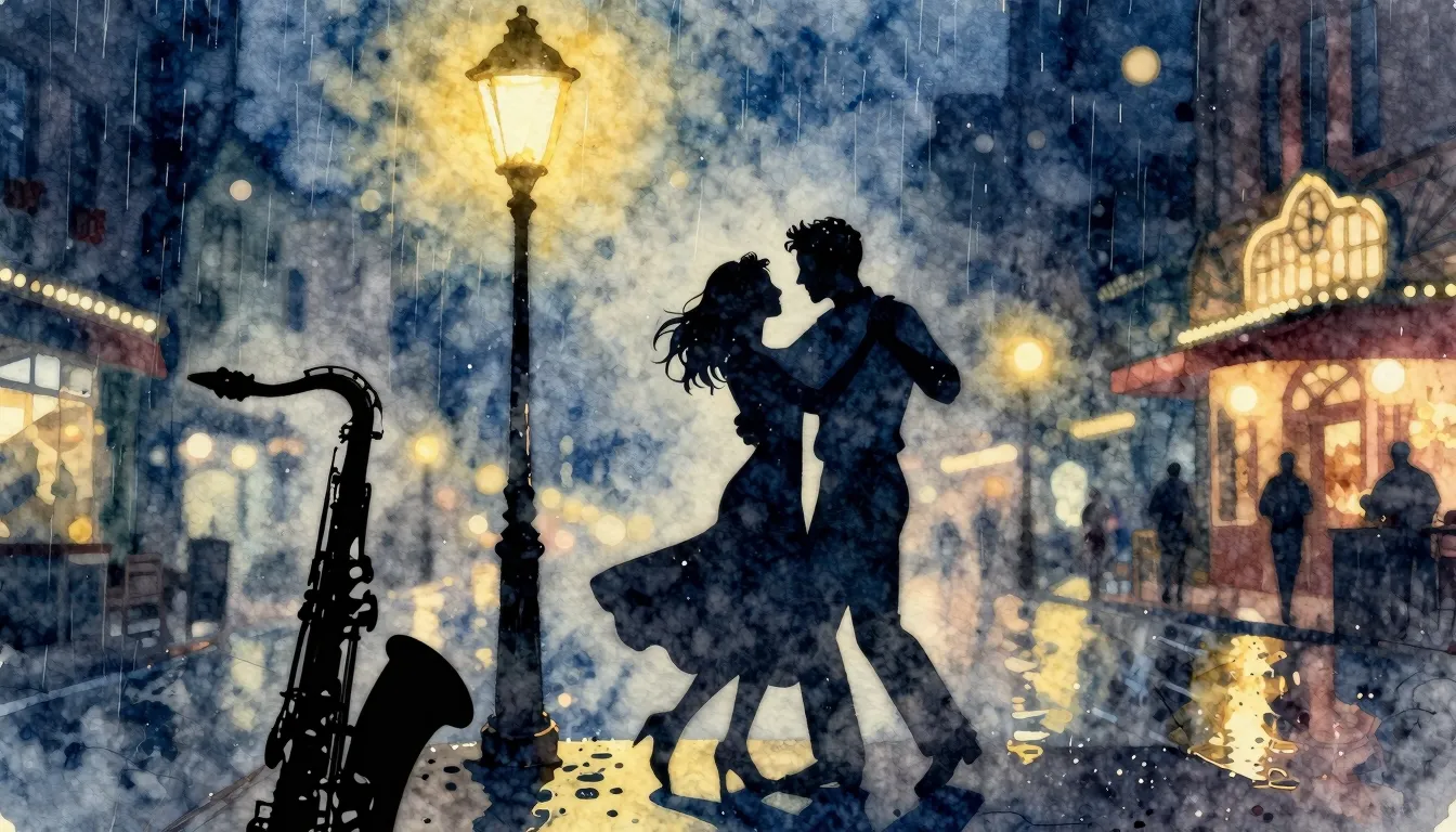 Watercolor style. A silhouette of a couple dancing under a s...