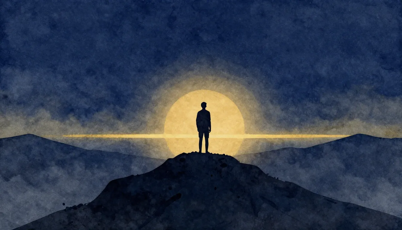 Watercolor style. A dark silhouette of a person standing on ...