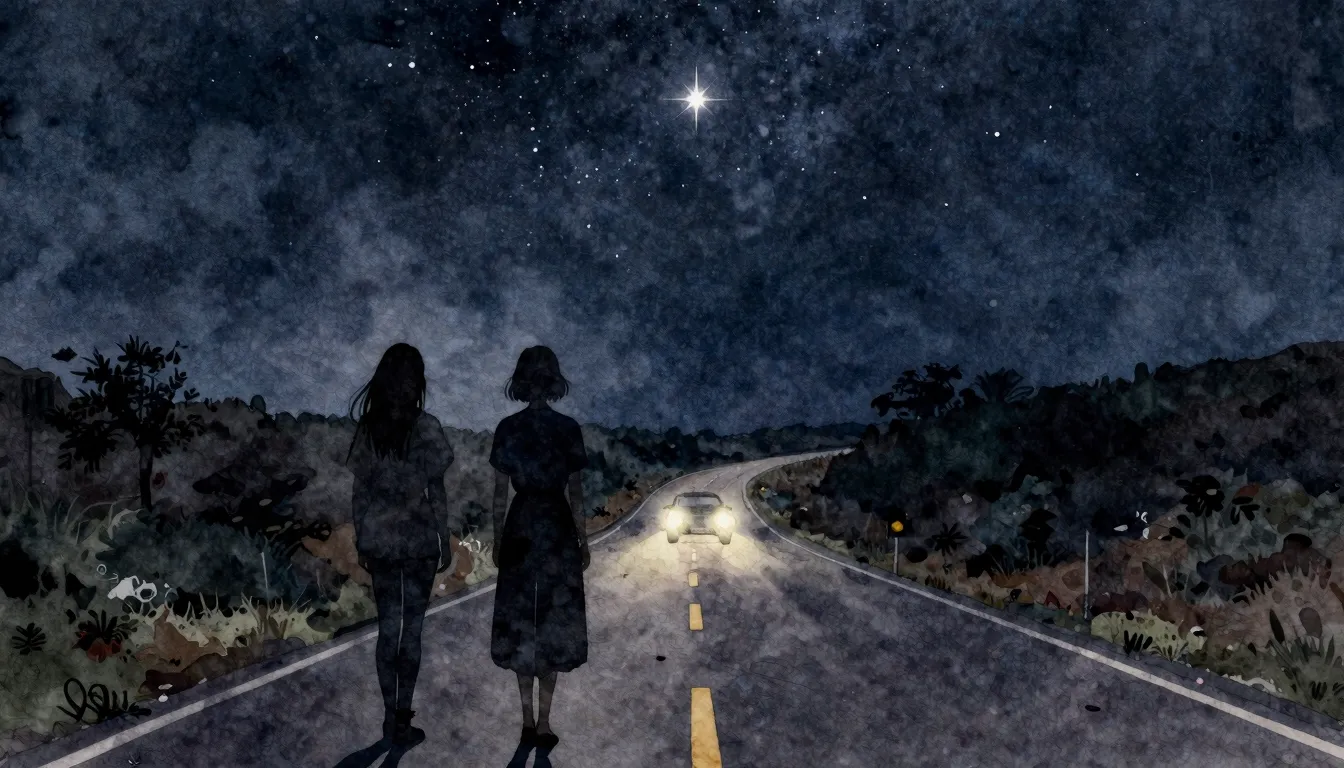 Watercolor style. Two female silhouettes stand on a winding ...