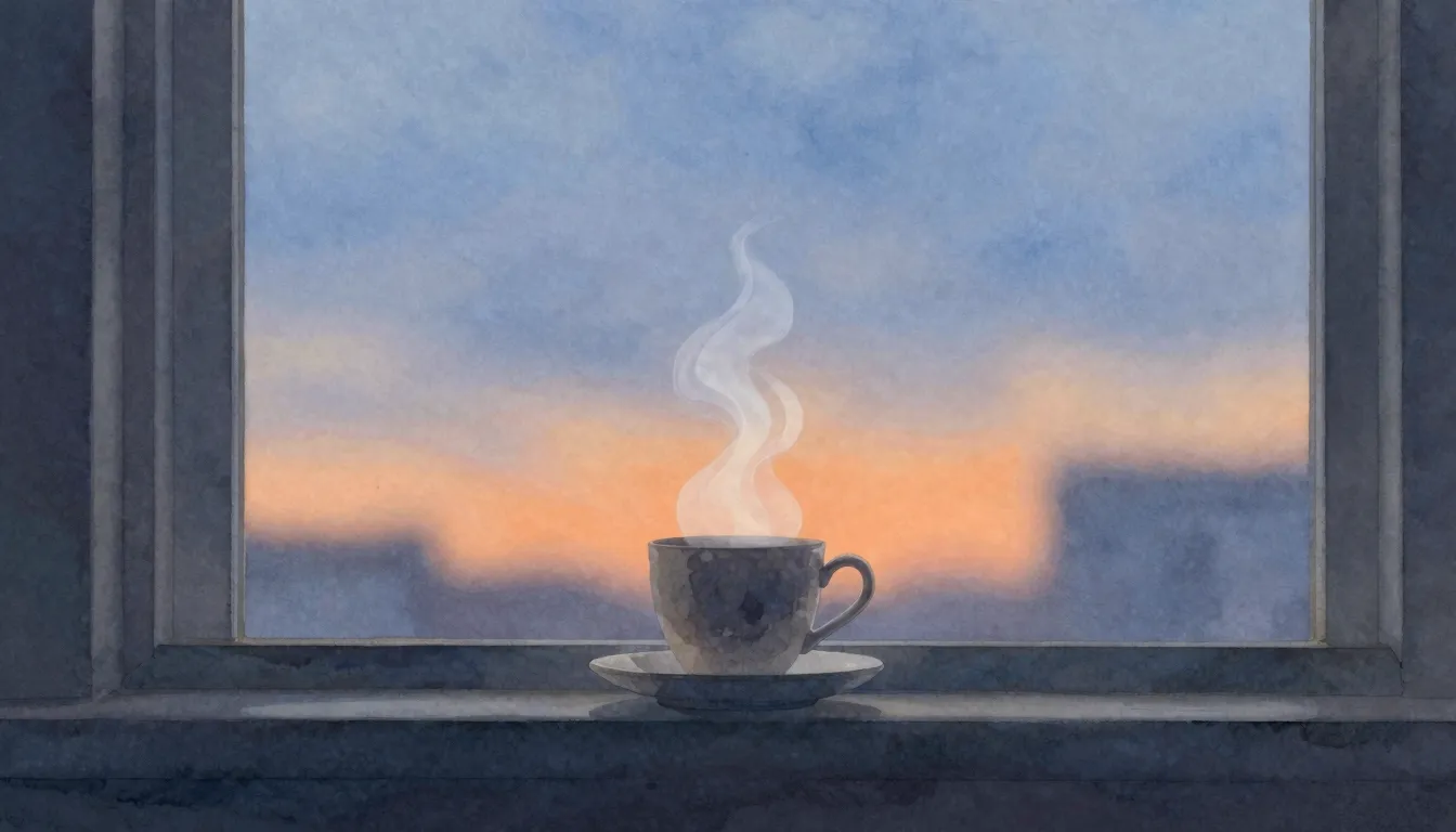 Watercolor style. Close-up of a window sill with a steaming ...