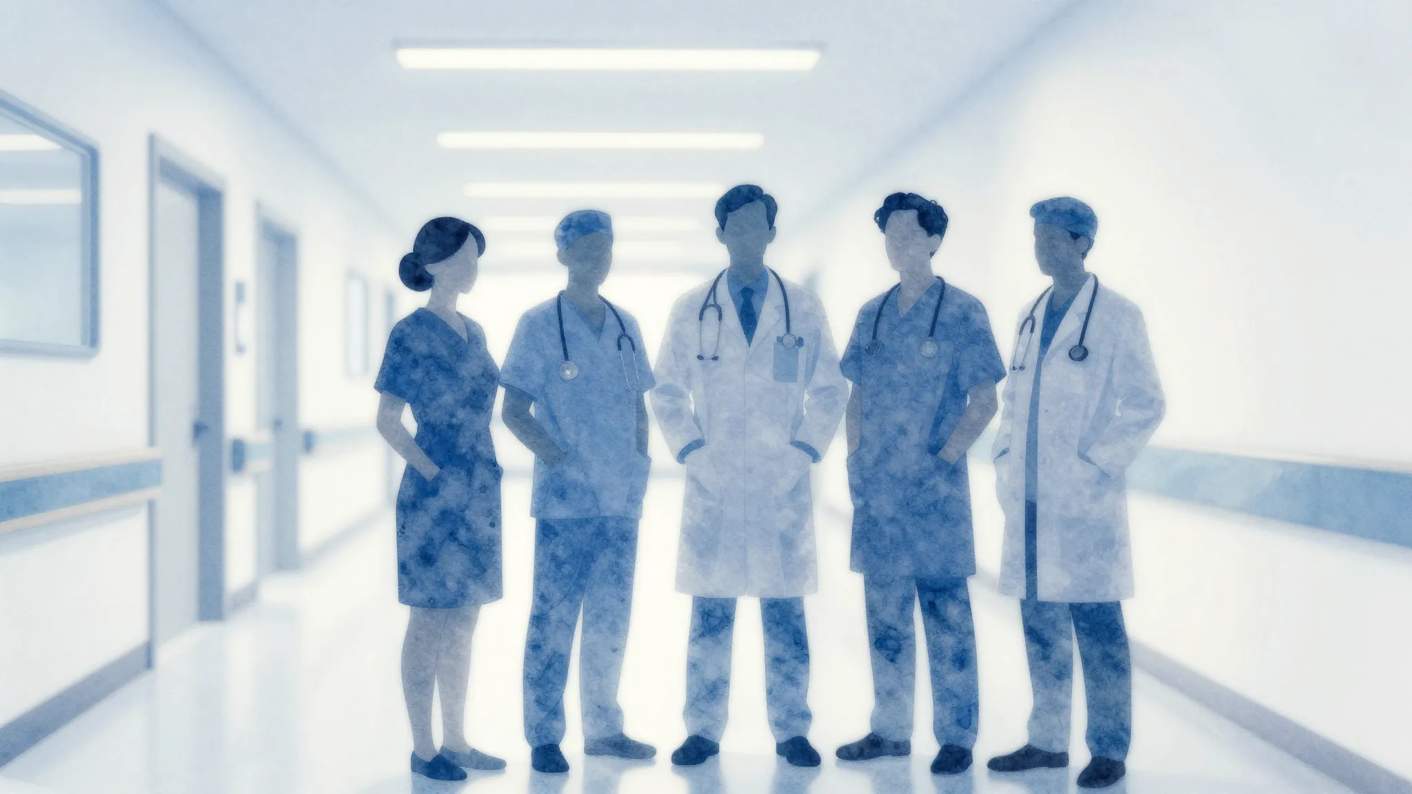 Watercolor style. Silhouettes of five medical professionals ...