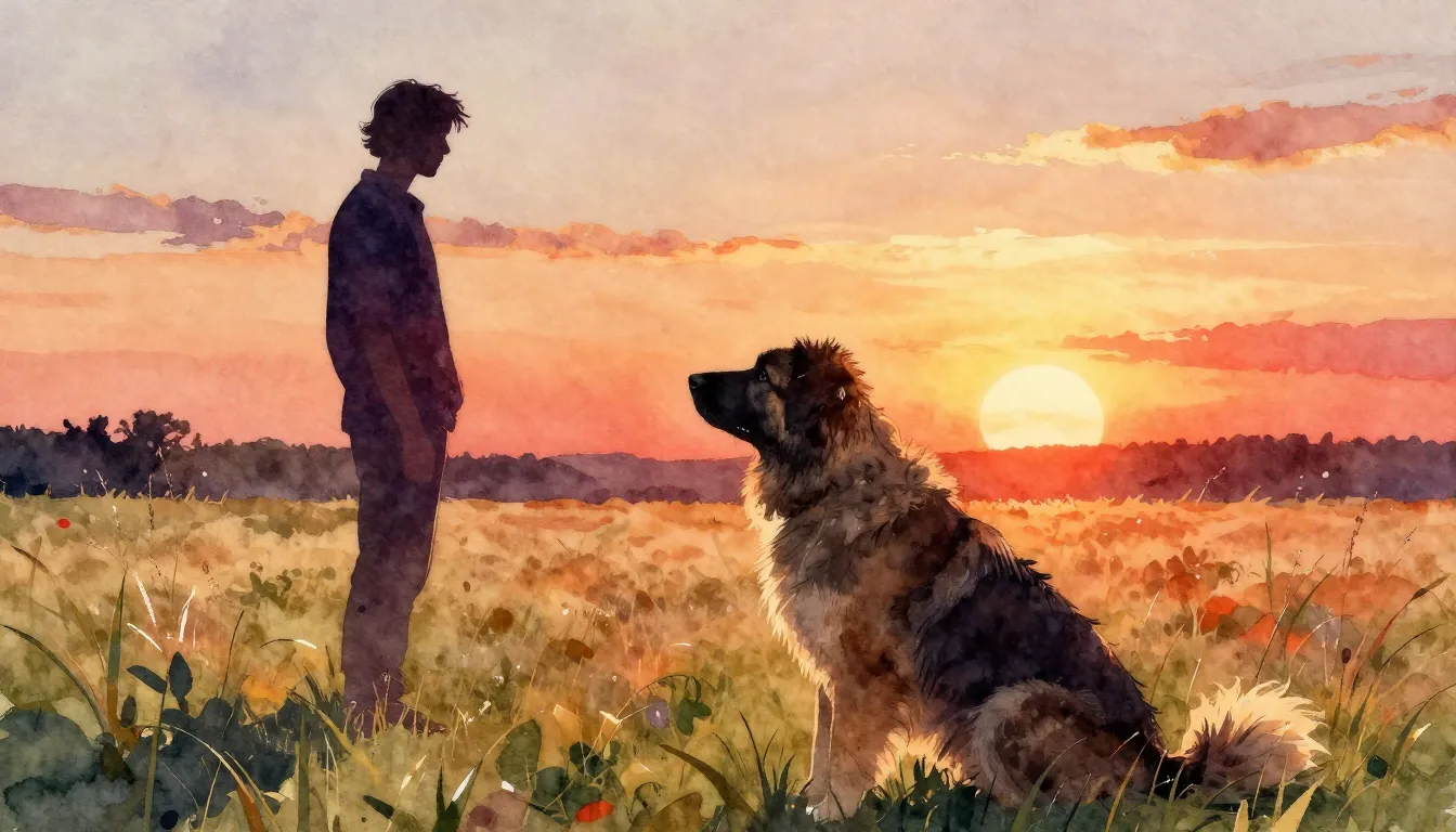 Vibrant watercolor style. A loyal alabai dog, a silhouette o...