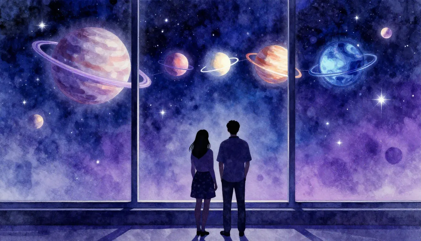 Watercolor style. A silhouette of a couple standing by a lar...