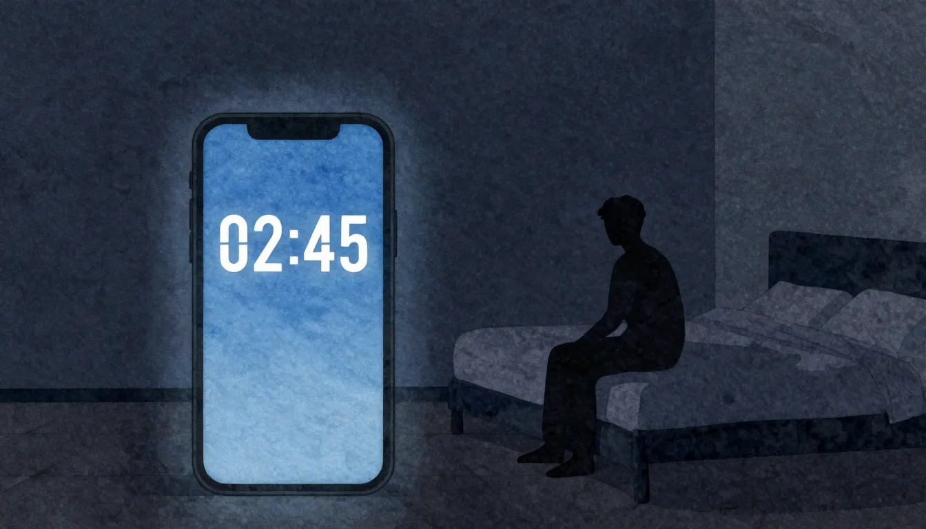Watercolor style. A dark room with a blue glowing smartphone...