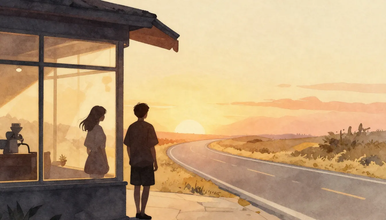 Watercolor style. Silhouette of two friends standing by a ba...