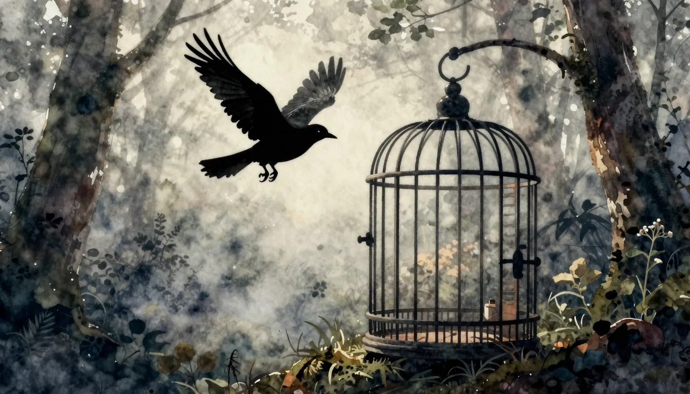Watercolor style. Silhouette of a bird flying away from an o...