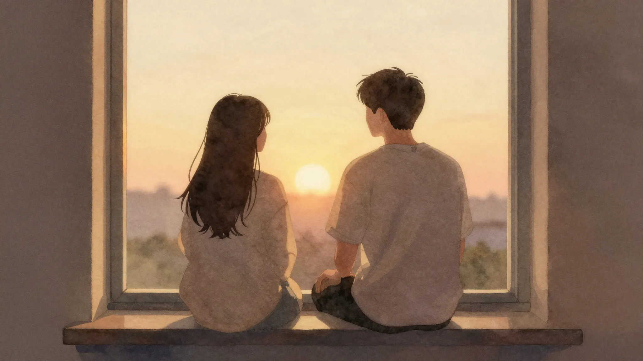 Watercolor style. A minimalist silhouette of two people sitt...