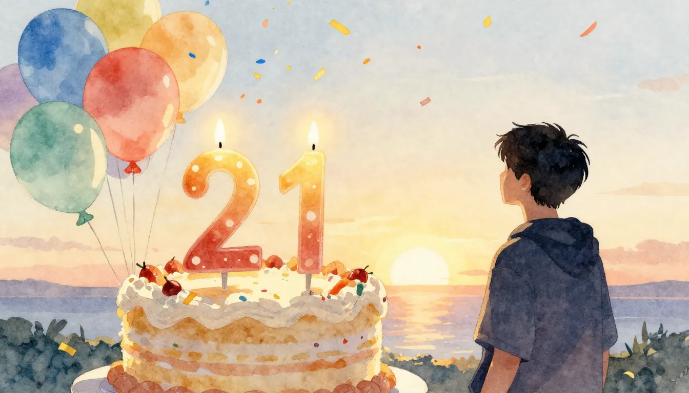 Watercolor style. A festive cake with candles forming the nu...