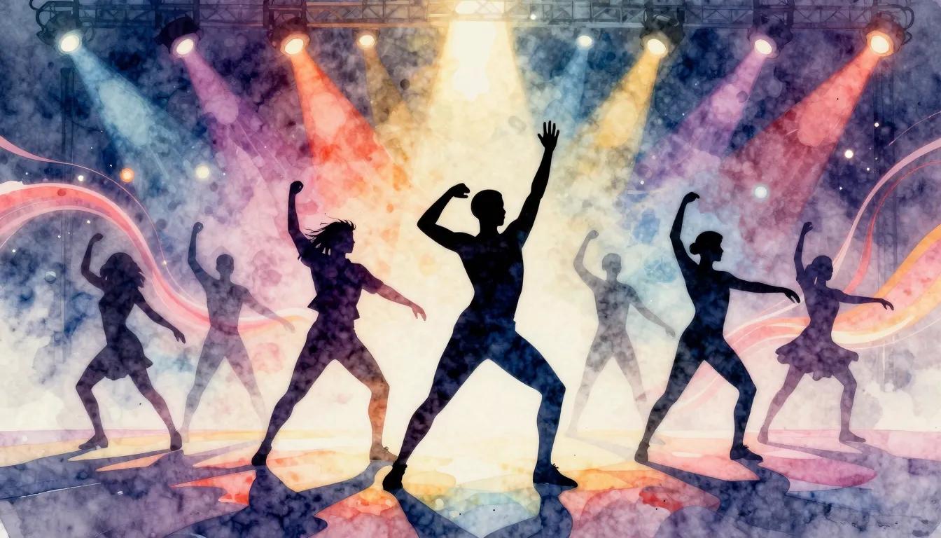 Watercolor style. Vibrant silhouettes of a diverse dance gro...