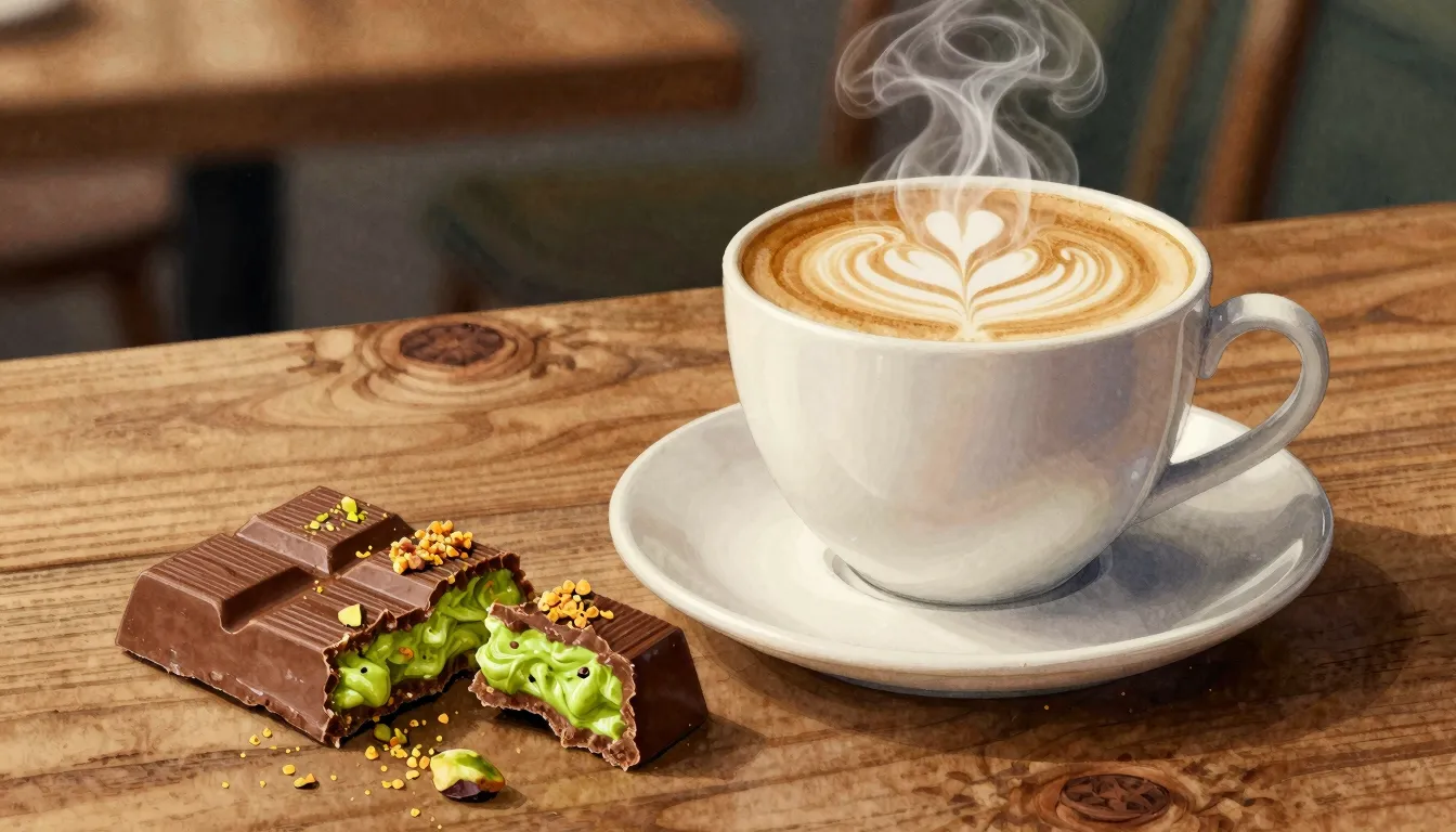 Watercolor style. A steaming cup of latte on a wooden table ...