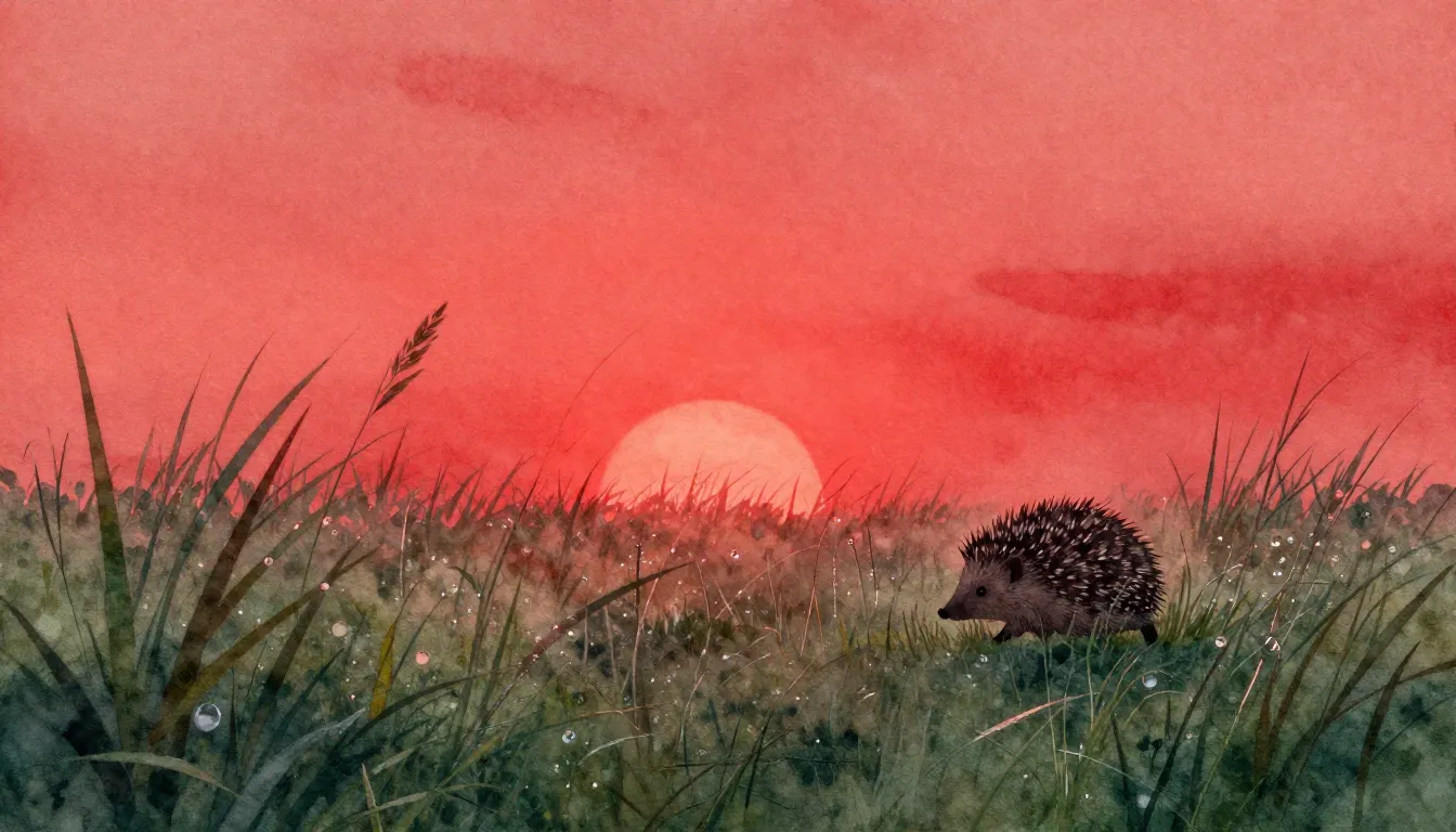 Watercolor style. A bright red sunrise over a dewy meadow, a...