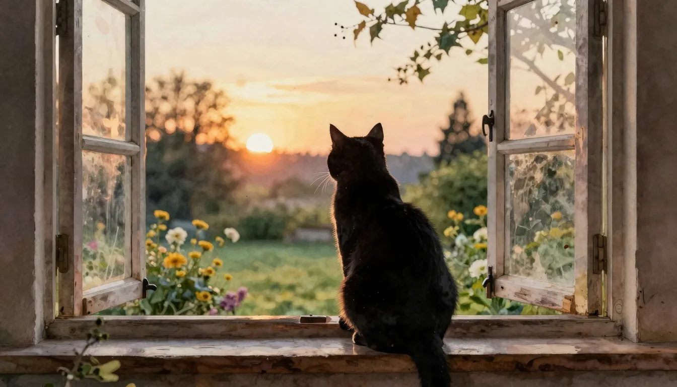 Watercolor style. A silhouette of a cat sitting on a wooden ...