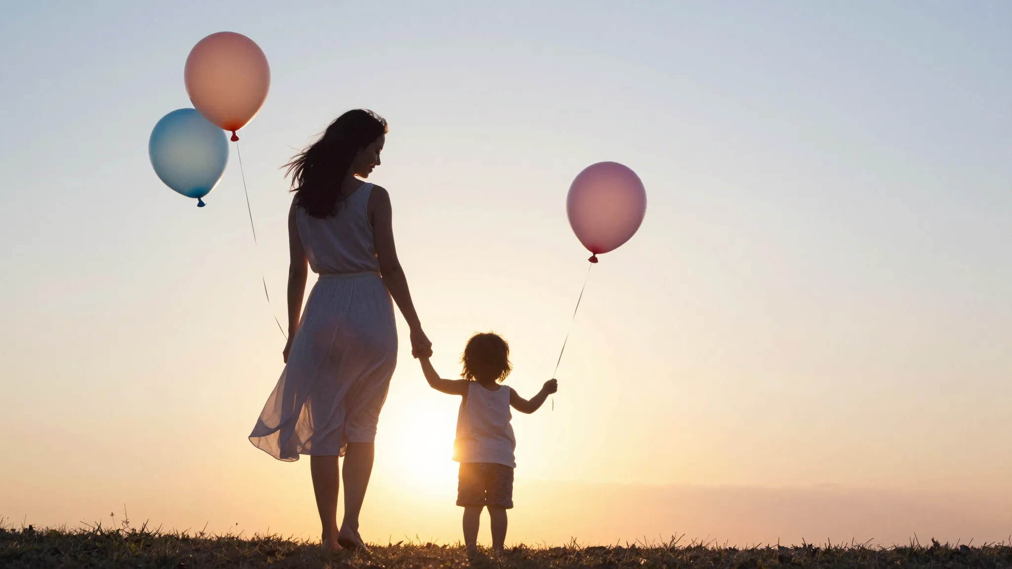 Watercolor style. Silhouette of a woman and a small child ho...