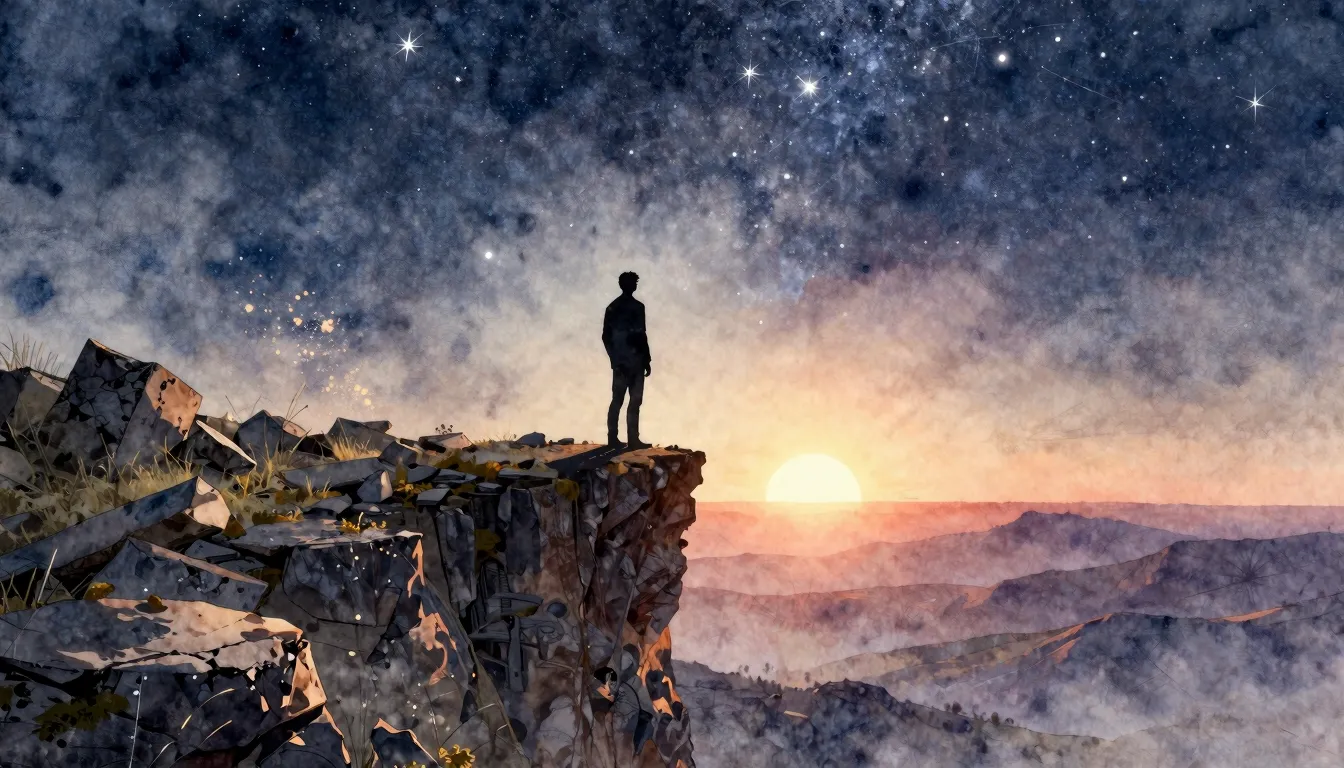 Watercolor style. A solitary silhouette standing on a cliff ...