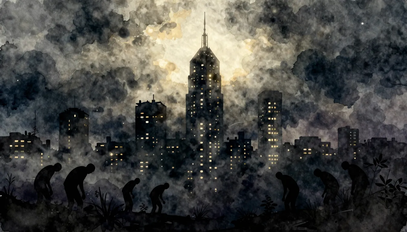 Watercolor style. Dark city with tall glowing towers, dark s...