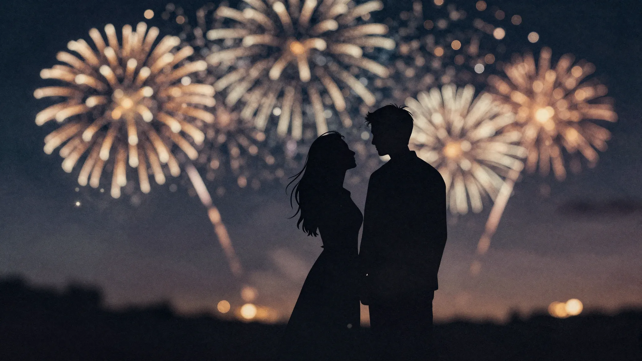 Watercolor style. Silhouette of a couple under a night sky w...